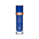 Blue skincare bottle with bronze cap on a white background