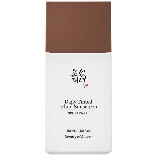 Daily Tinted Fluid Sunscreen packaging with brown and white design