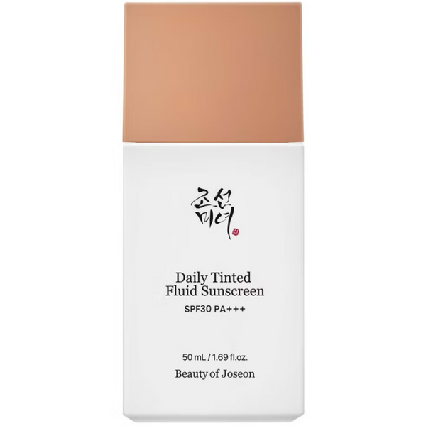 Daily Tinted Fluid Sunscreen bottle with beige cap and white body on a white background
