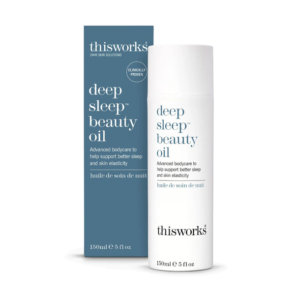 Thisworks Deep Sleep Beauty Oil shown with its blue and white cardboard packaging box and a white cylindrical pump bottle on a clean white background.
