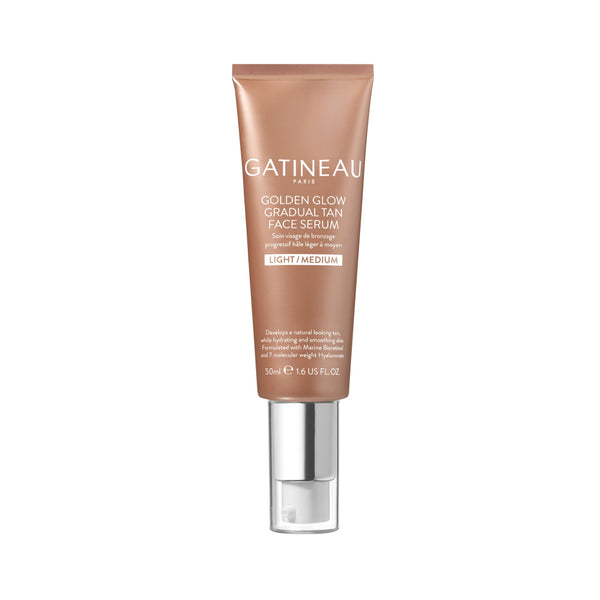 Gatineau Golden Glow Gradual Tan Face Serum in a pump bottle, indicating light/medium skin tone, 50ml size.