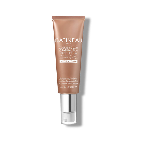 Gatineau Golden Glow Gradual Tan Face Serum in a brown tube with a pump dispenser, labeled for Medium/Dark tone.