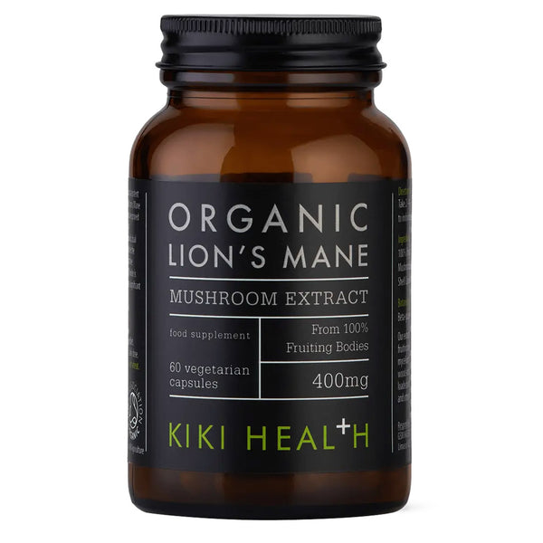 Amber bottle of Organic Lion's Mane Mushroom Extract by KIKI Health on a white background