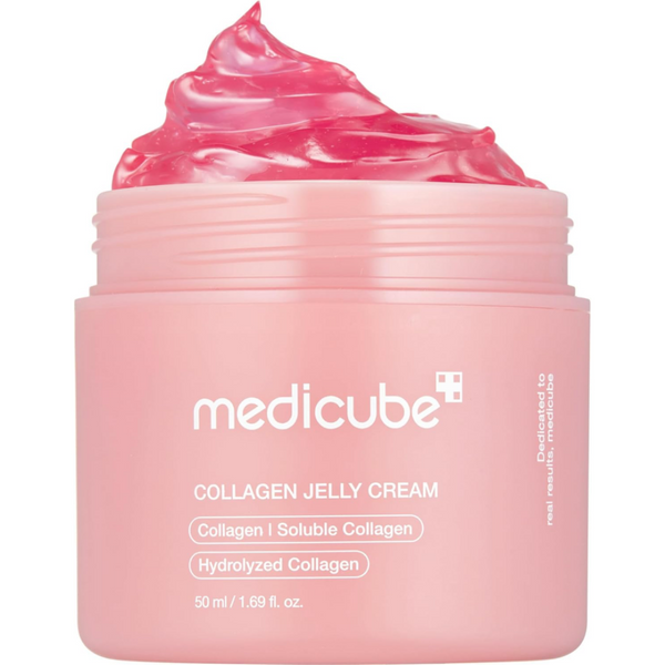 Pink jar of Medicube Collagen Jelly Cream with pink cream on top