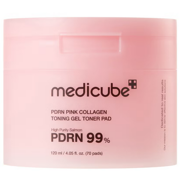 Pink packaging of Medicube PDRN Pink Collagen Toning Gel Toner Pad on a white background