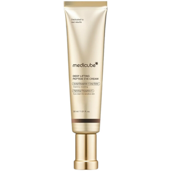 Gold tube of Medicube Deep Lifting Peptide Eye Cream on a white background