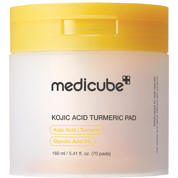 Medicube Kojic Acid Turmeric Pad packaging with yellow lid on a white background