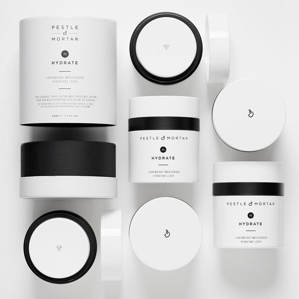 Pestle and Mortar skincare with hyaluronic acid, vitamin C and retinoids for hydration, radiance and skin renewal.