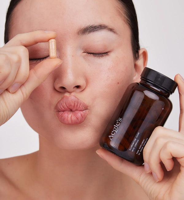 Aegle's Clear Skin Complex supplements for blemish prone, oily skin and clearer looking skin support