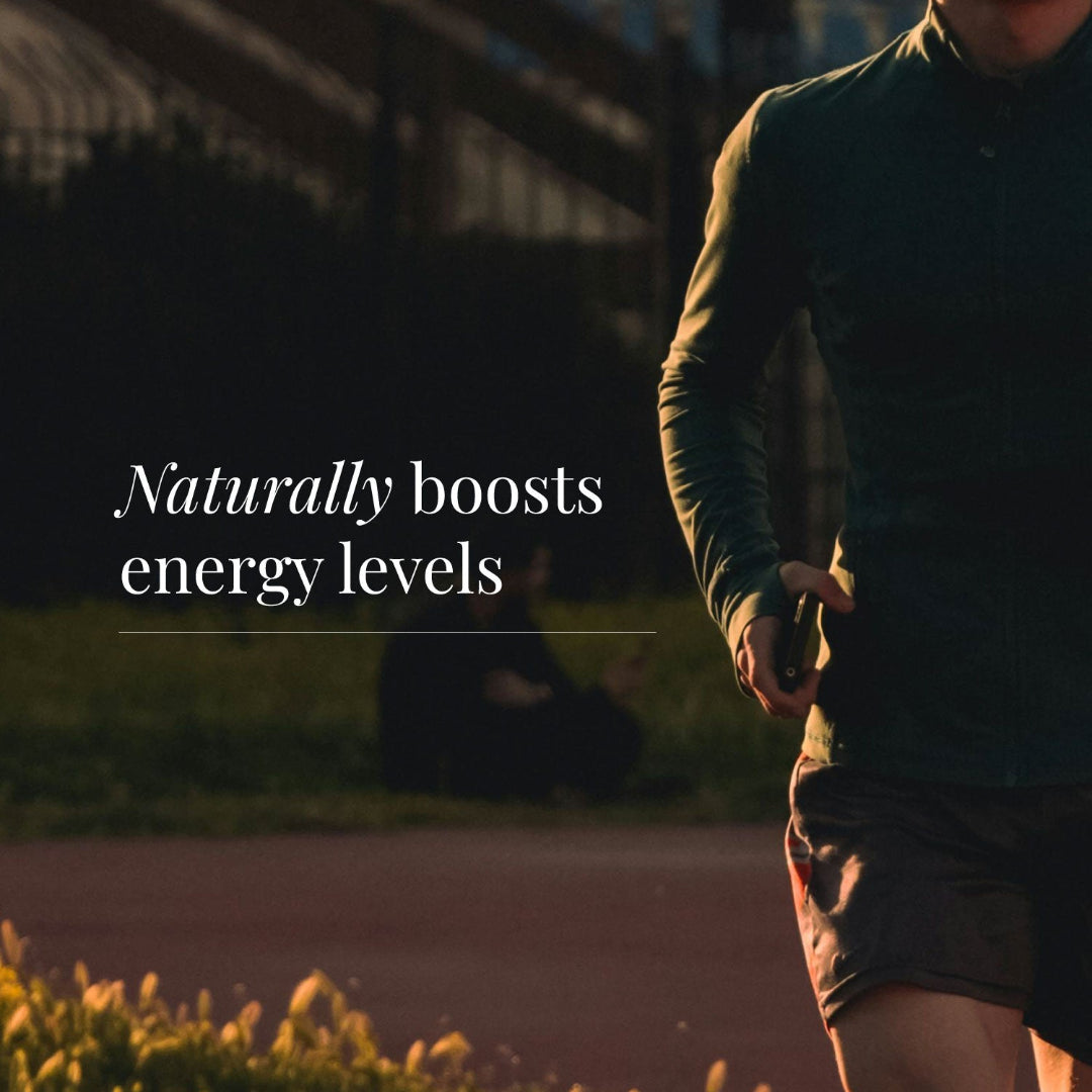 Person exercising outdoors with text 'Naturally boosts energy levels' on a blurred background
