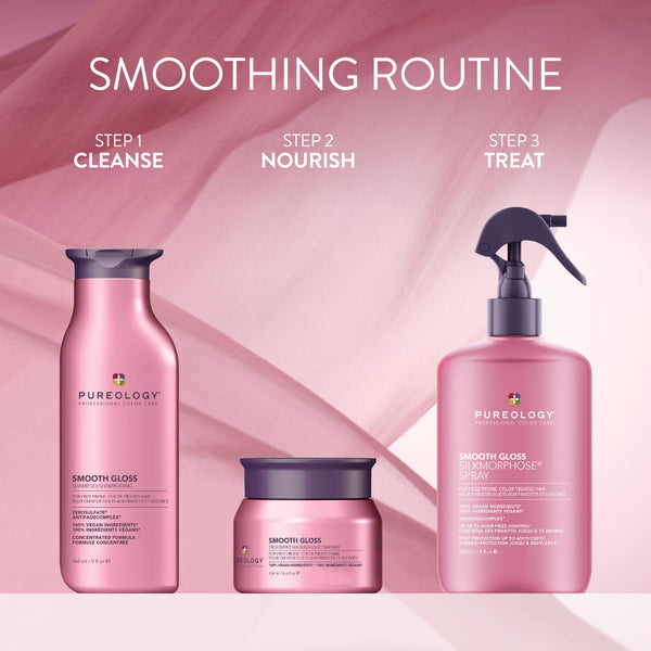 Pureology hair care products with 'Smoothing Routine' steps on a pink background