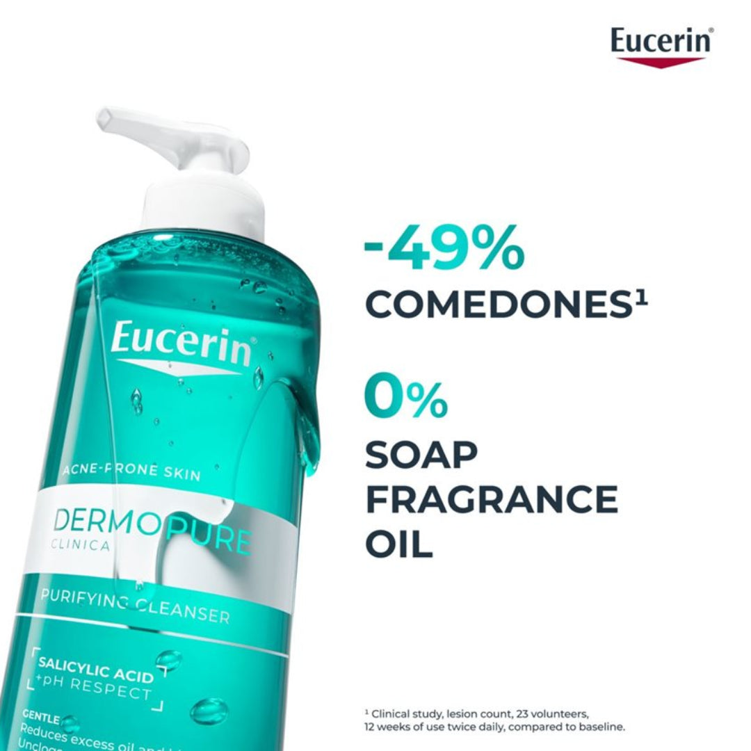 Eucerin Dermopure cleanser bottle with product features on a white background