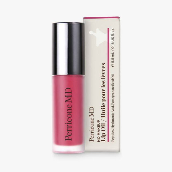 A bottle of Perricone MD No Makeup Lip Oil in a pink shade next to its white and pink packaging box, set against a plain white background.