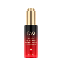 HAQI Red Light Peptide Serum in a black and red gradient bottle with a gold cap, centered on a plain white background.