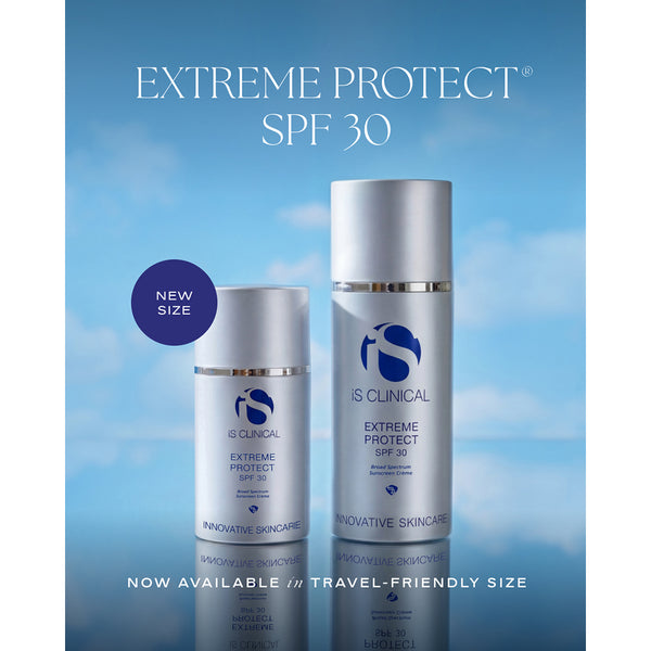 IS Clinical Extreme Protect SPF 30 skincare products shown in two sizes against a blue sky background. The image features a dark blue circular badge that reads 'NEW SIZE' and text at the top and bottom describing the travel-friendly size.