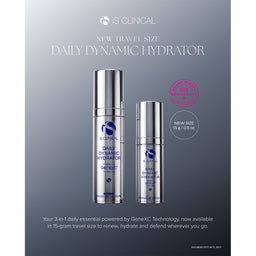 IS Clinical Daily Dynamic Hydrator travel-size skincare bottles shown on a dark gray gradient background with promotional text and a pink circular seal.