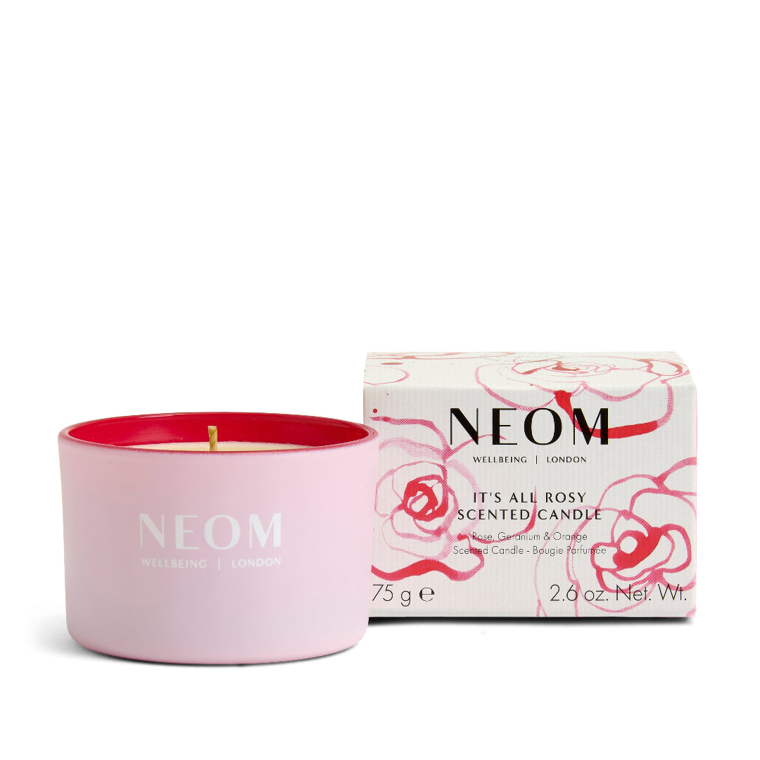 NEOM scented candle with packaging on a white background