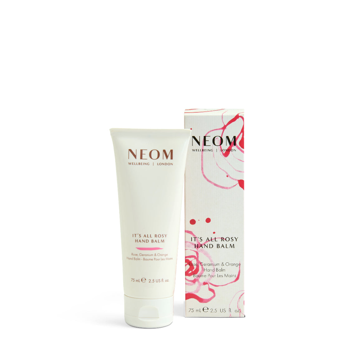 Neom hand balm with packaging on a white background