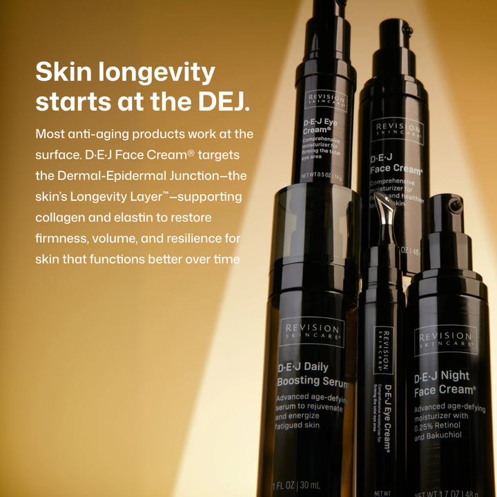 Four black Revision Skincare cosmetic bottles arranged on a warm gold gradient background with white promotional text on the left. Visible products include D-E-J Daily Boosting Serum and D-E-J Night Face Cream.