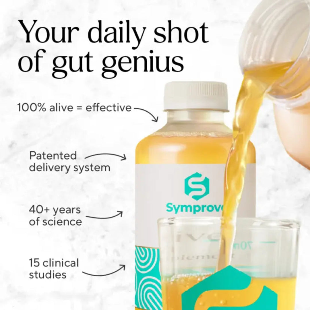 Symprove gut health supplement being poured into a glass with product details on a light background