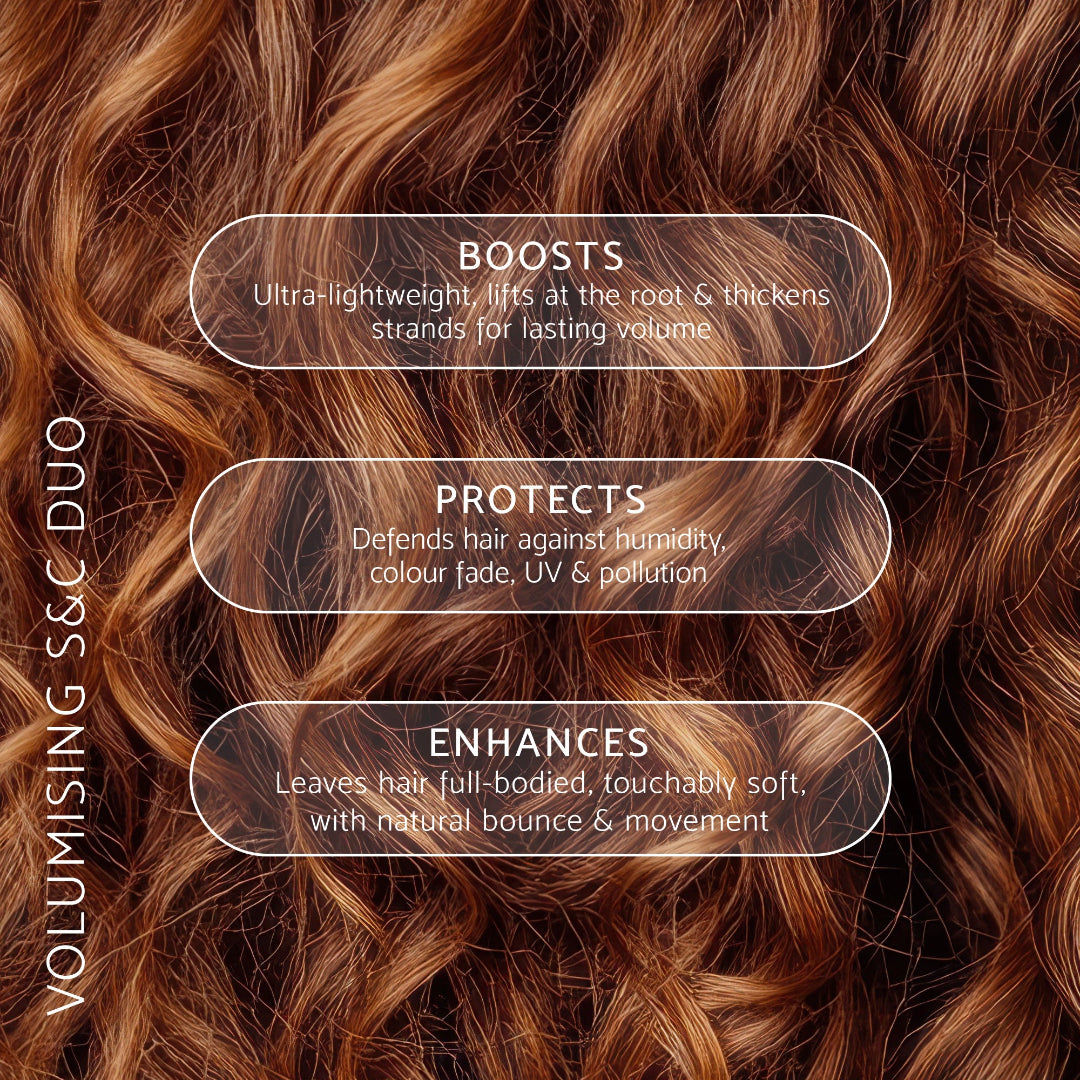 Close-up of voluminous copper-brown hair with three rounded text overlays describing hair-enhancing benefits, plus vertical text reading 'VOLUMISING S&C DUO' along the left side.