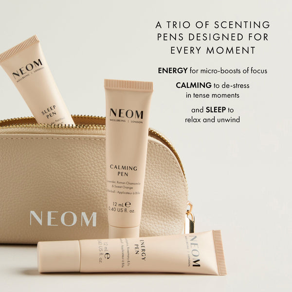 NEOM scentsing pens with a pouch on a light background