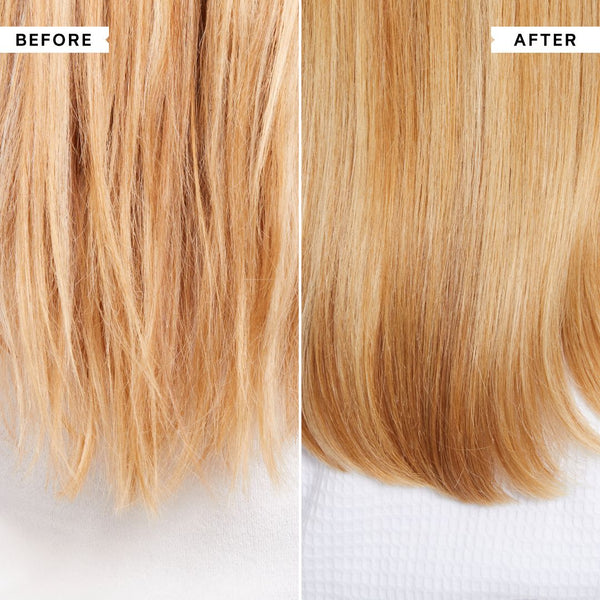 Before and after comparison of blonde hair, showing frizzy, dry-looking hair on the left and smooth, shiny hair on the right.
