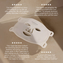 White facial mask with customer testimonials on a brown background