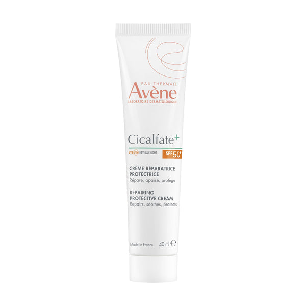 A 40 ml squeeze tube of Avene Cicalfate+ Repairing Protective Cream SPF 50+ on a solid white background.