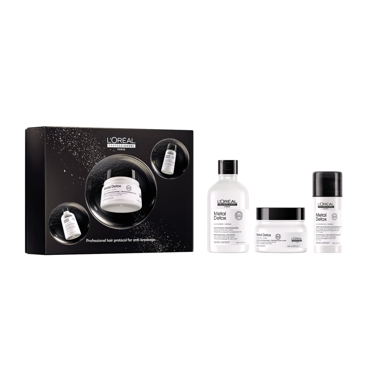 L'Oréal Professionnel Anti-Grève hair treatment set featuring a black gift box and three white bottles and jars with black caps: Scalp Care, Dandruff Care, and Hair Care.