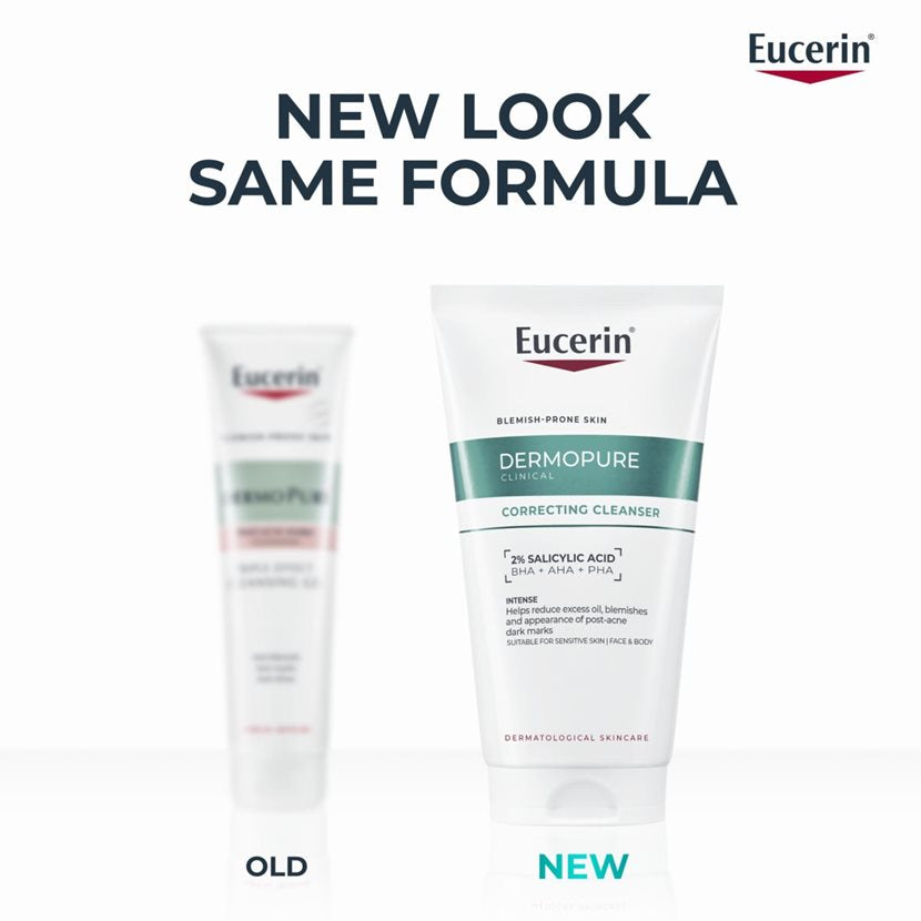 Eucerin Dermopure cleansing product with 'New Look Same Formula' text on a white background