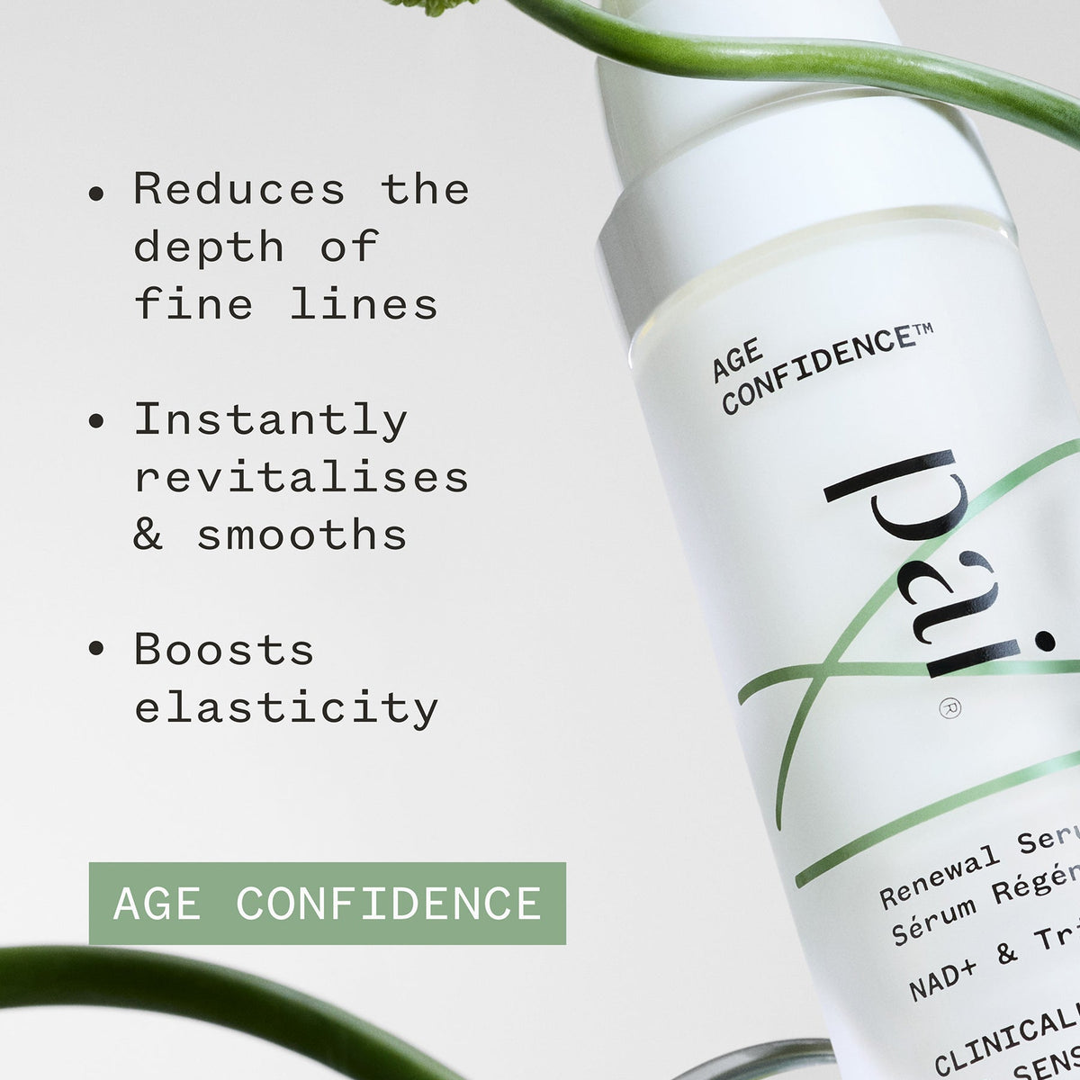 Skincare serum bottle with text highlighting its benefits on a light background