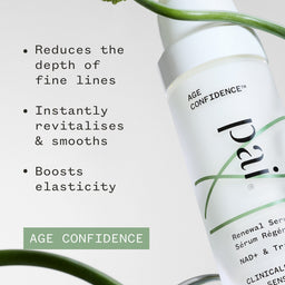 Skincare serum bottle with text highlighting its benefits on a light background