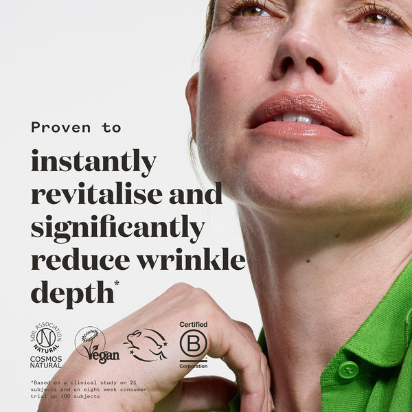 Advertisement for skincare product showing a woman's face with text about wrinkle reduction.
