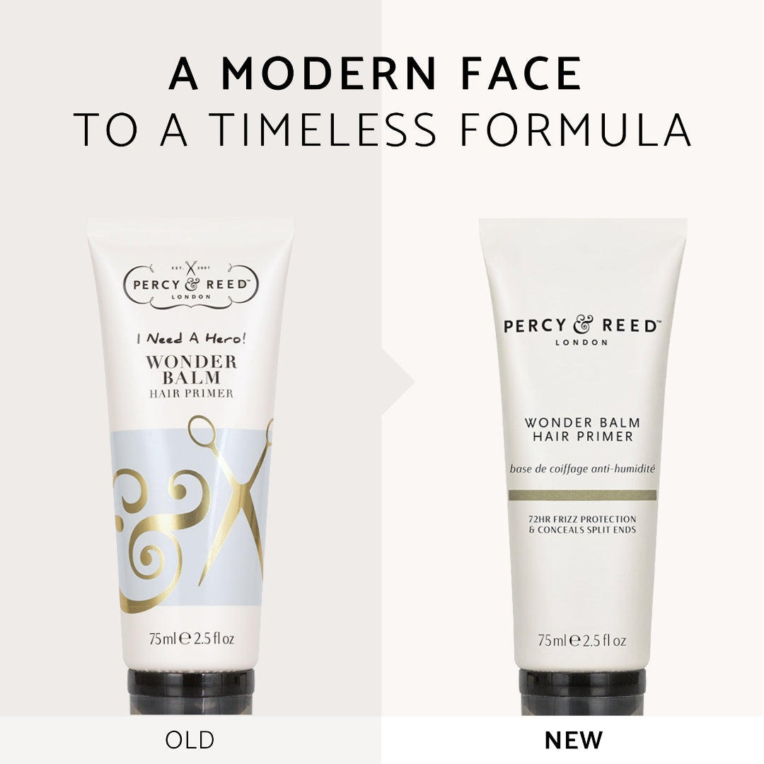 A comparison graphic showing two Percy Reed London Wonder Balm Hair Primer tubes side by side, labeled 'OLD' and 'NEW', with the headline 'A MODERN FACE TO A TIMELESS FORMULA' above on a light beige background.