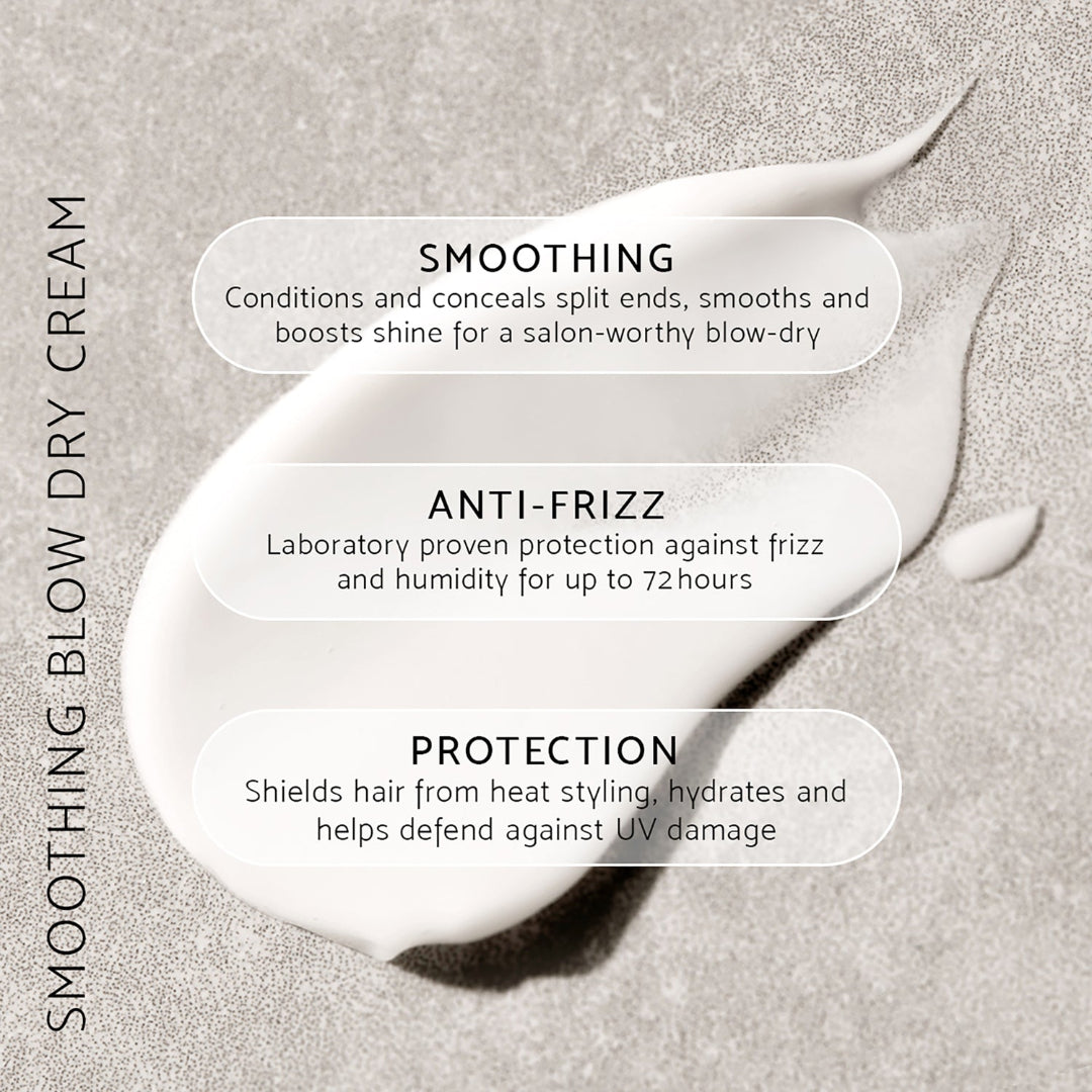 Smoothing blow dry cream with text on a textured background