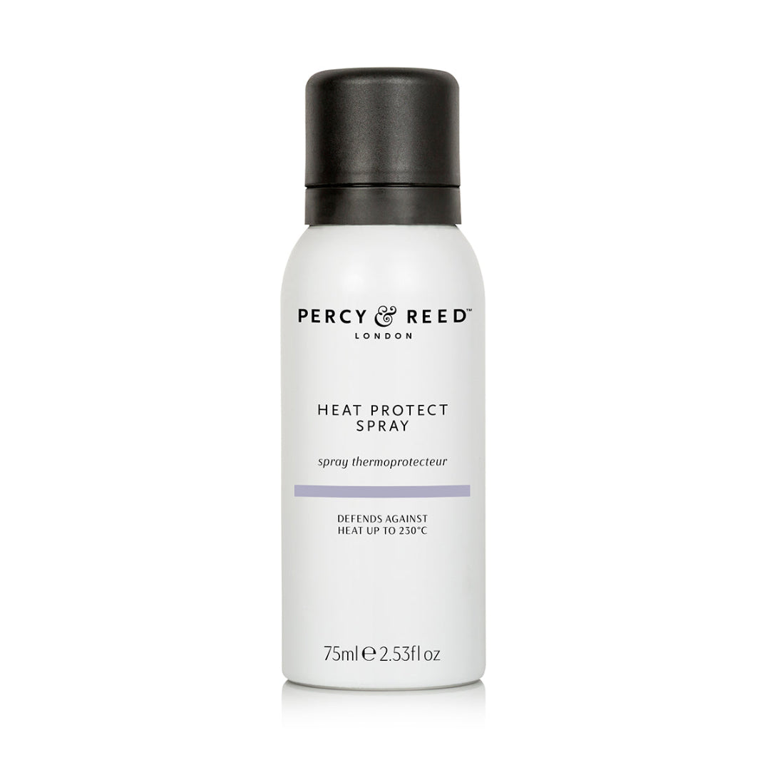 A 75ml white aerosol can of Percy Reed London Heat Protect Spray with a black cap, shown on a clean white background.