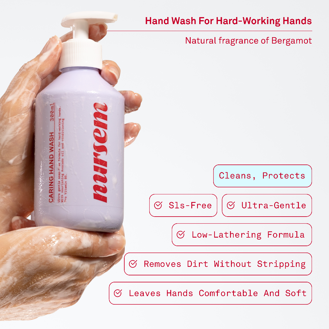 Hand holding a bottle of nursem hand wash with product features listed on a white background