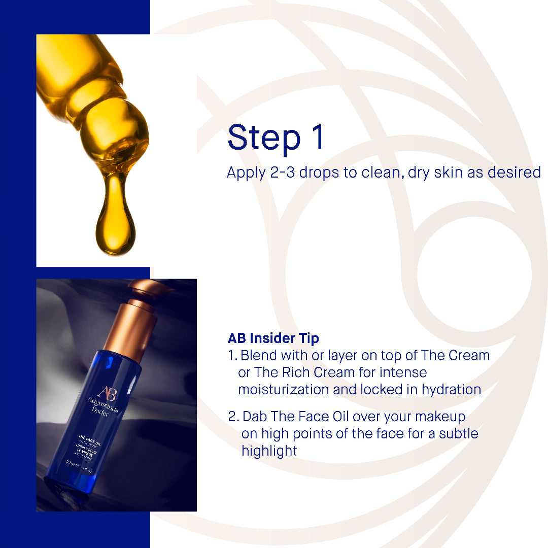 Cosmetic oil dropper and bottle with application instructions on a blue and white background