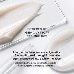 A close-up of a white cream or serum swirled in a clear glass dish, with additional clear pipettes and text reading 'POWERED BY GENOLYTIC TECHNOLOGY' and descriptive copy about epigenetics and skin aging.