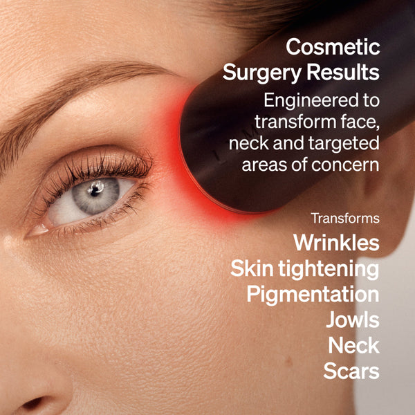 Cosmetic surgery device targeting a person's eye with text about surgical results and benefits.