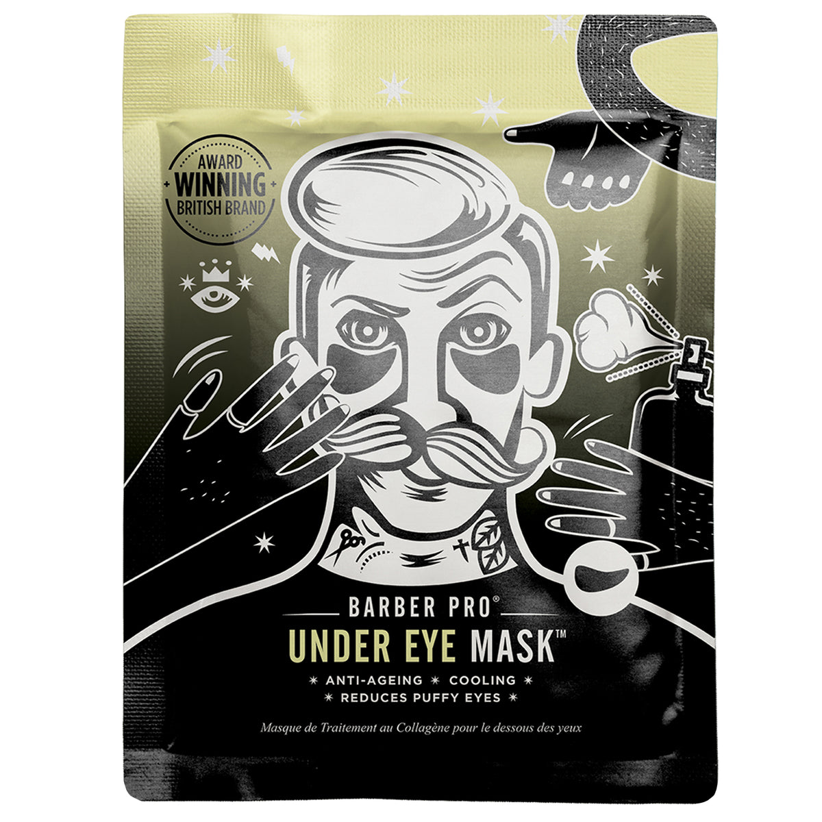 Barber Pro under eye mask packaging with illustration of a man and text on a gold background