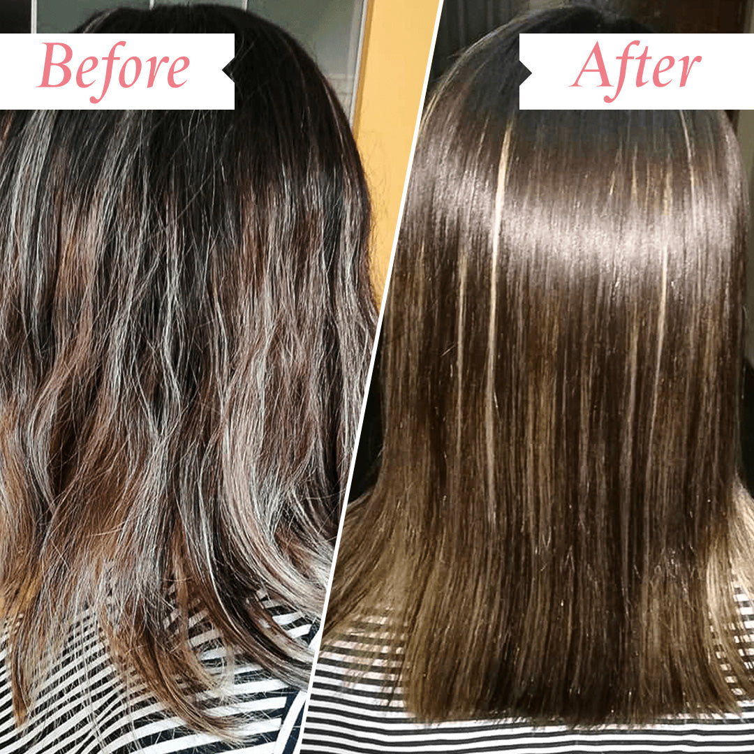 Before and after hair transformation comparison showing a person's shoulder-length brown hair with highlighted sections, with 'Before' on the left and 'After' on the right.