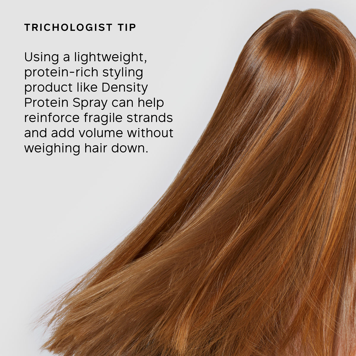 Long brown hair with text about a trichologist tip on a white background