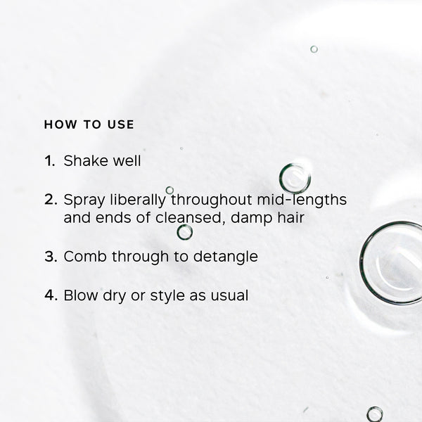 Instructions for using a hair care product with text and droplet graphics on a white background