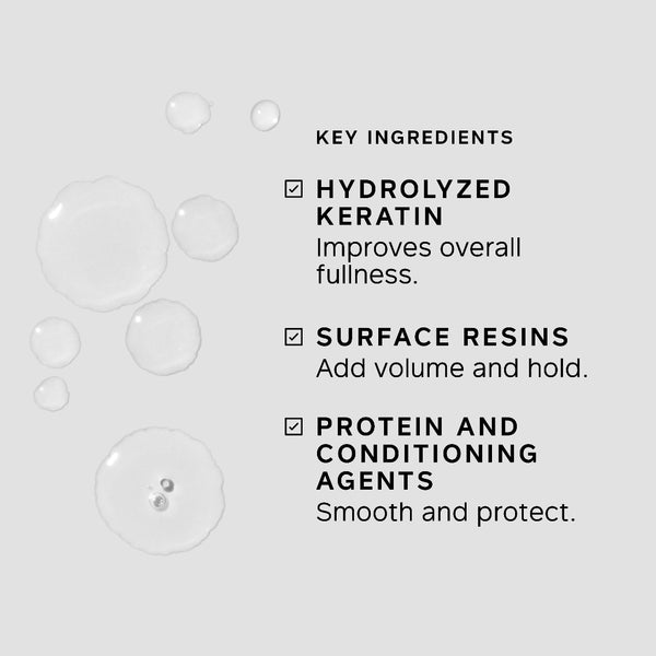 A light gray informational graphic with text listing key ingredients: hydrolyzed keratin, surface resins, and protein and conditioning agents, alongside several translucent droplet illustrations.
