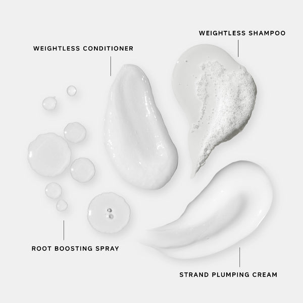 White shampoo, conditioner, and spray bottles with text labels on a white background