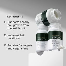 Supplement bottles with text highlighting key benefits on a gray background