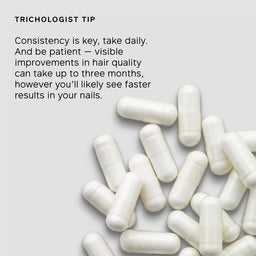 White capsules on a light gray background with text about hair care consistency.