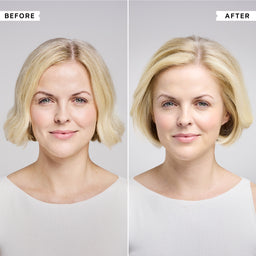 Before and after comparison of a woman with short blonde hair on a gray background